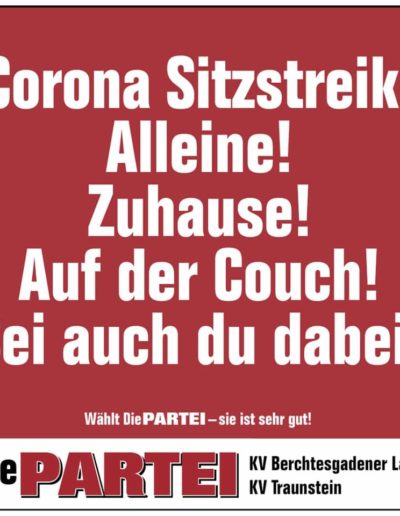 Poster mit Text: Corona Sitzstreik! Alleine! Zuhause! Auf der Couch! Sei auch du dabei!